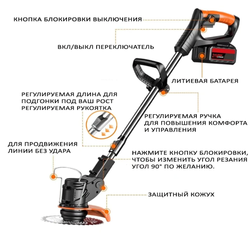 Беспроводной электрический триммер для травы, газонокосилка на аккумуляторе (с колесами) view-4